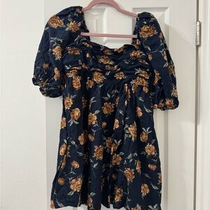 Floral Puff Sleeve Top - Navy and Brown